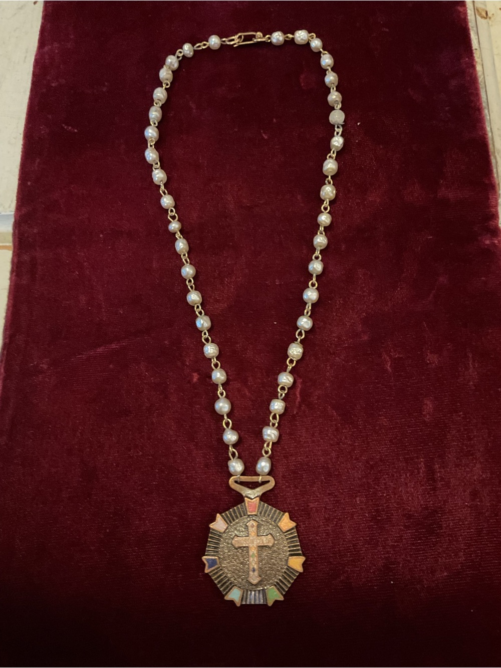 Rainbow Cross of Color Pearl Beaded Necklace with Gold-Tone Cross Medal Pendant